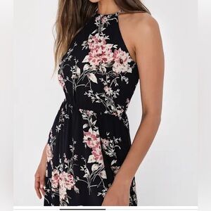 Floral Halter Neck Black Dress with Pink Bloom Print